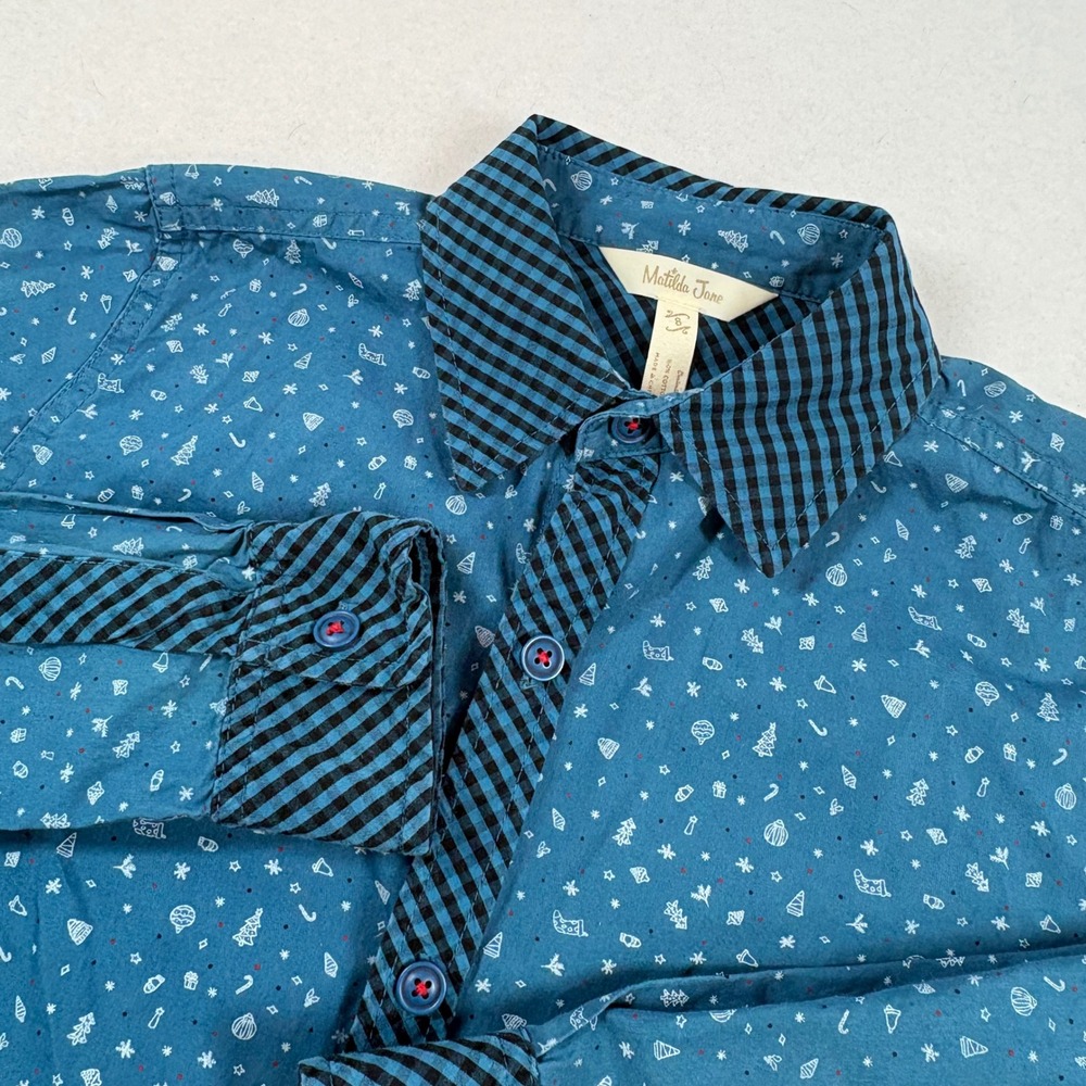 Matilda Jane Button Down Shirt Boys 8 Blue Christmas Holiday Gingham Trim